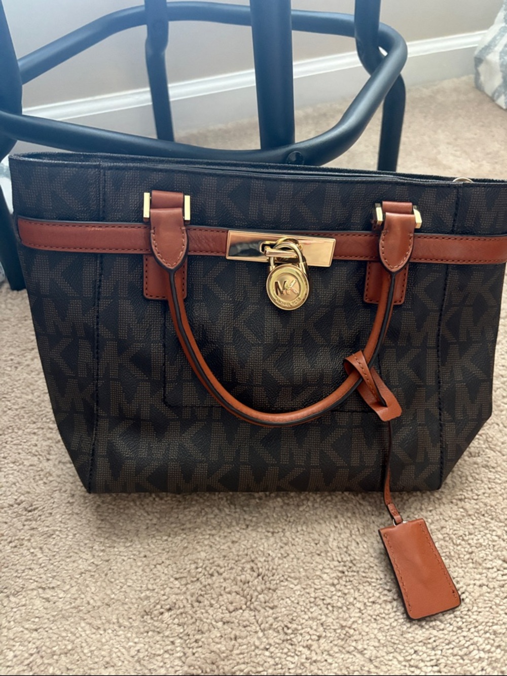 Michael Kors Dark Brown MK Monogram Tote with Tan Trim and Gold Hardware